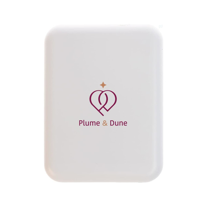 A white rectangular product featuring a logo in the centre with pink and gold accents.