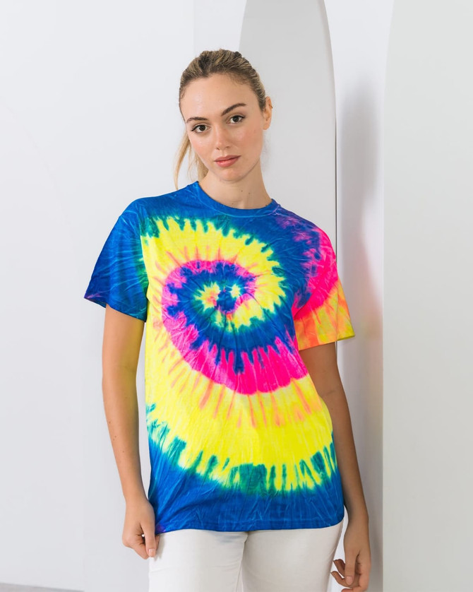 A tie-dye adult t-shirt featuring vibrant colours of blue, yellow, pink, and green, prominently displaying a spiral design.