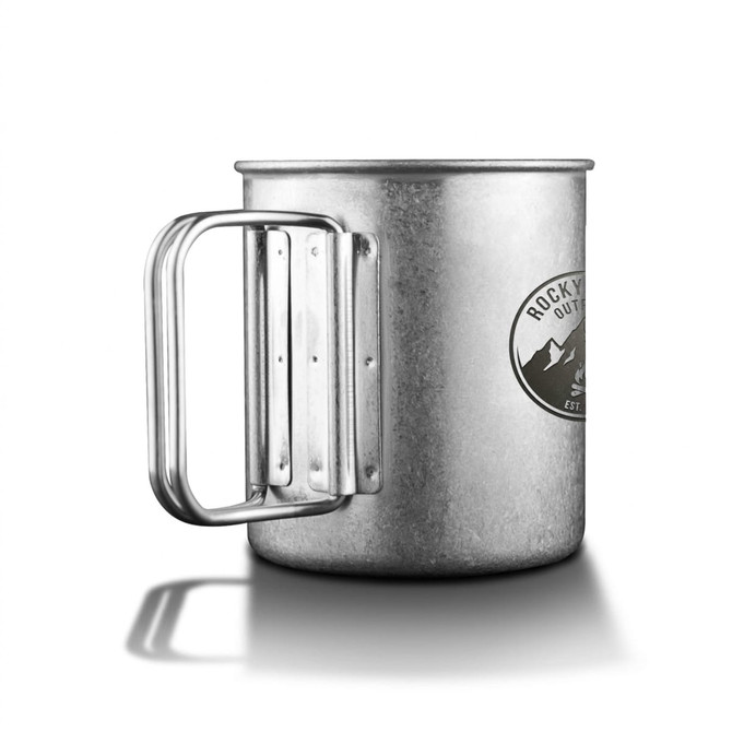 A metallic titanium cup with a sturdy handle and a branded logo, featuring a silver finish and a rugged design.
