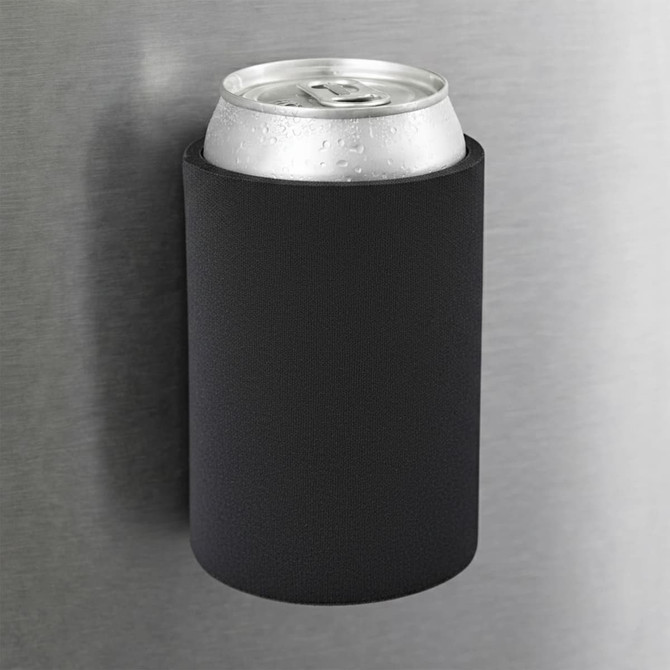 A drink can in a black magnetic stubby cooler attached to a metal surface.