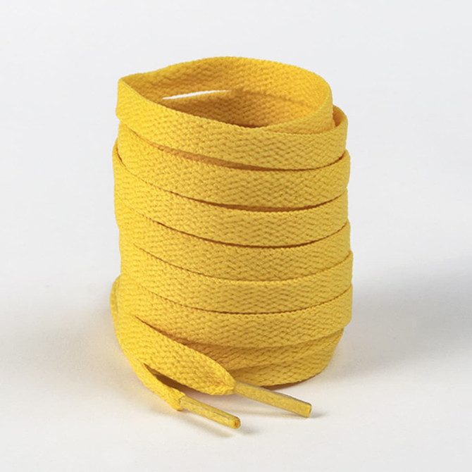 A bundle of bright yellow shoelaces, neatly coiled with pointed ends. The product features branding.