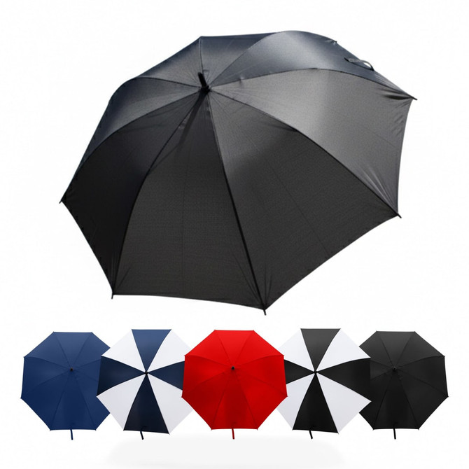A range of York Umbrellas in various colours: black, red, navy, white, and a black and white combination.