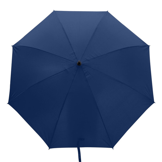 A navy blue umbrella with a smooth canopy and a central handle. It features a branding logo.