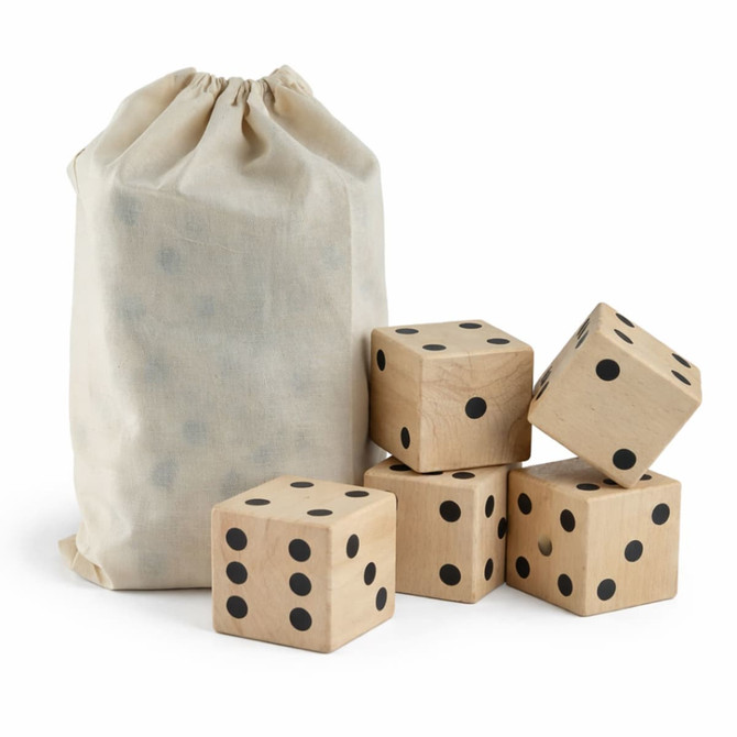 A set of wooden yard dice in a drawstring bag, featuring five light-coloured dice with black dots.