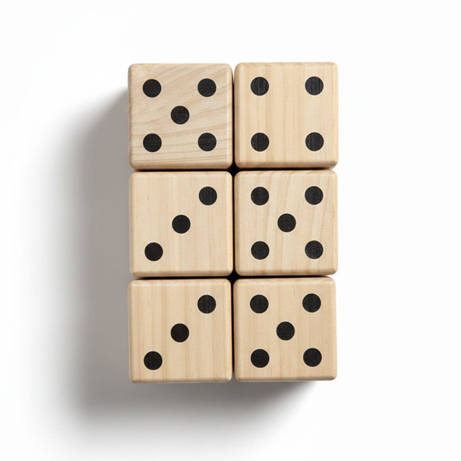 A set of six wooden yard dice, featuring a light natural wood finish with black dots.