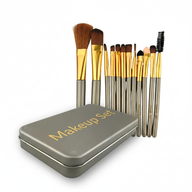 A 12-piece brush set with golden bristles and a silver metal box for storage. The set includes various brush types.