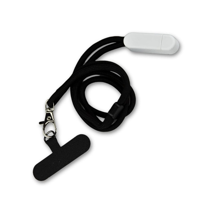 A black phone holder lanyard with a white attachment and a clip for secure fastening.