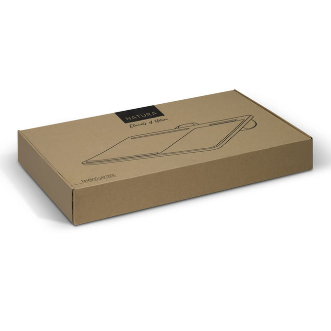 A brown cardboard box containing the NATURA Bamboo Lap Desk, featuring a logo on the surface.