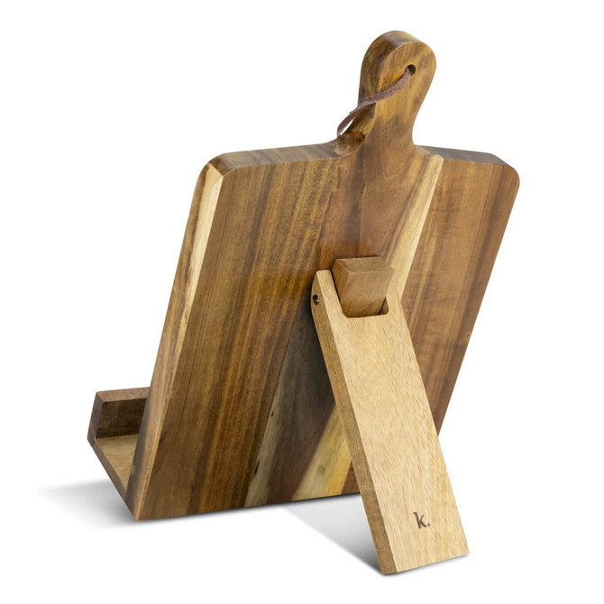 A wooden recipe book holder with a natural finish, featuring a sturdy base and a handle for easy carrying.