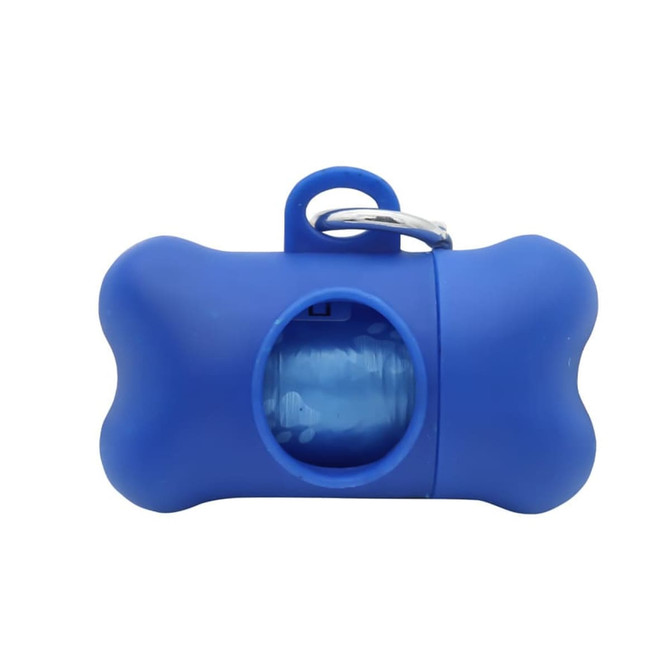 A blue bone-shaped dog waste bag dispenser with a visible compartment for bags and a metal clip.