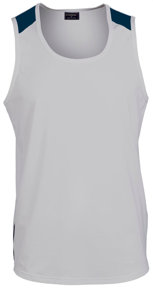 A men's singlet in white with navy accents and a logo on the neckline.