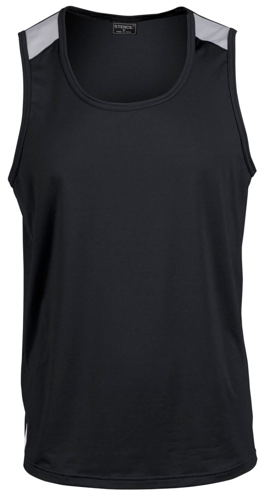 A black men's singlet featuring grey panel accents on the shoulders and a logo.