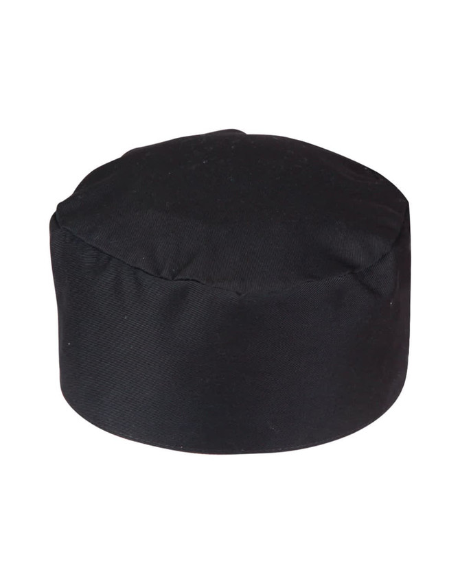 A black chef's cap with a round, flat top and a simple design. It features a logo on the side.