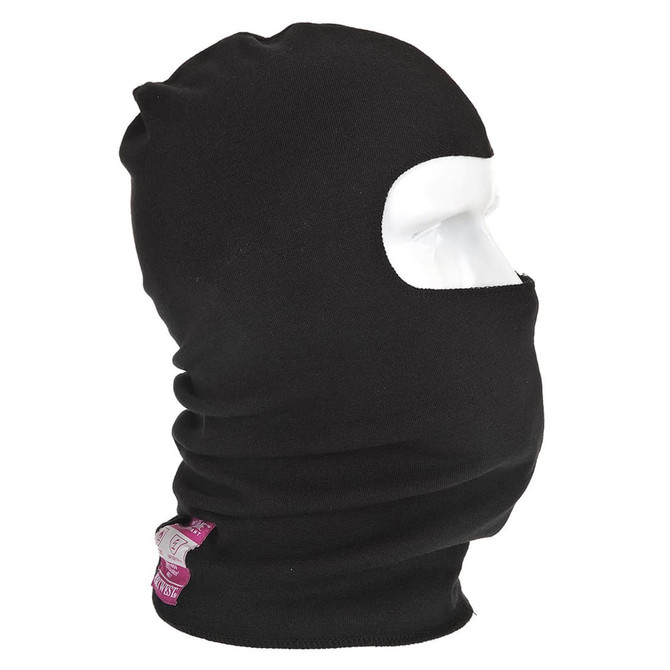 A black balaclava with an opening for the face, displayed on a mannequin head. It features a small logo.