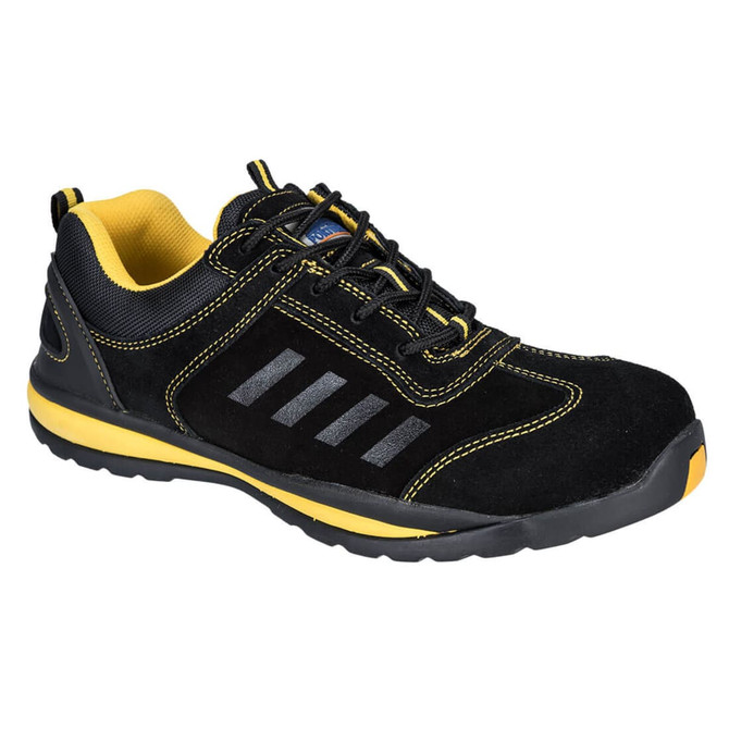 A safety trainer in black with yellow accents, featuring a sturdy design and a protective toe cap.