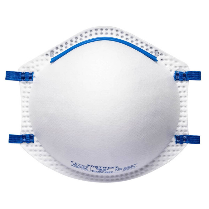 A white respirator with blue straps and a textured surface, featuring a branding logo.