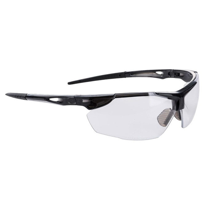 A pair of transparent safety spectacles with black frames and a sleek design. Features a logo on the side.