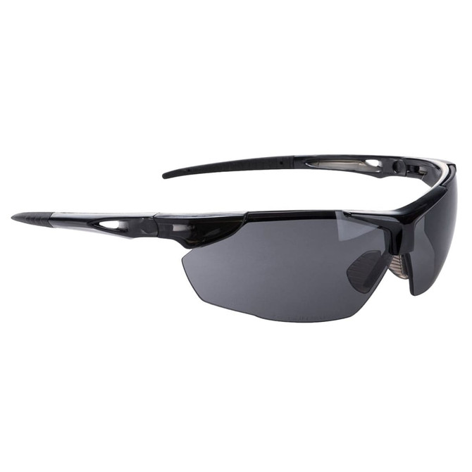 A pair of black safety spectacles with grey tinted lenses, featuring a sleek design and a logo on the side.
