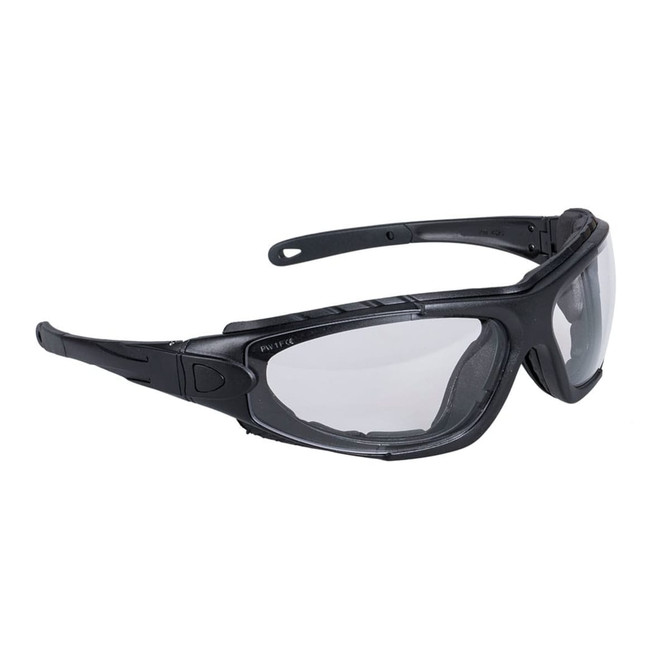 A pair of black safety spectacles with clear lenses and a sturdy frame, featuring a logo on the side.