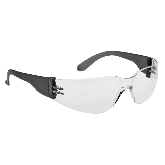 Clear safety glasses with a black frame, featuring wrap-around design and a logo on the side.