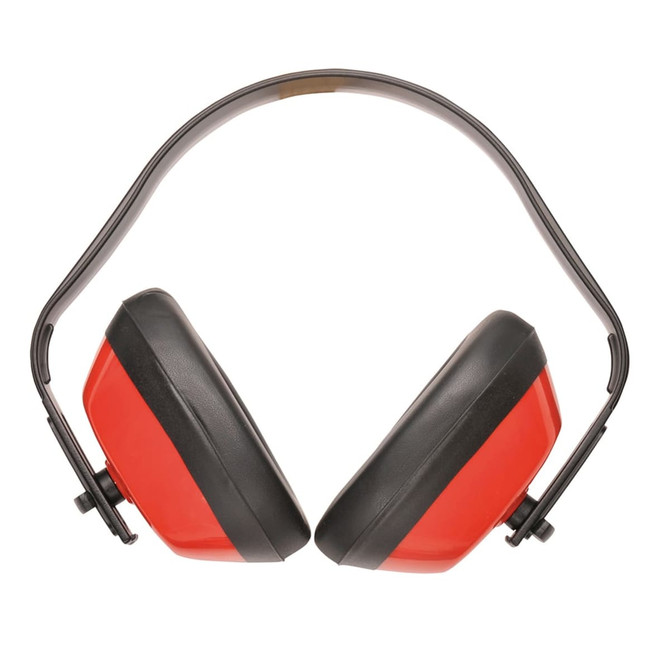 A pair of red and black ear muffs with a sturdy headband and a logo.