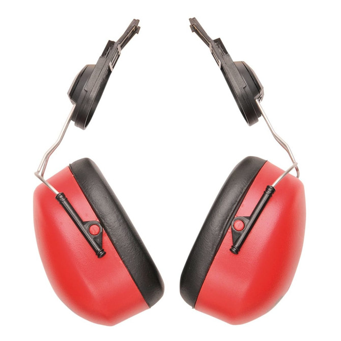 A pair of clip-on ear protectors featuring red and black colours, with a visible logo on one side.