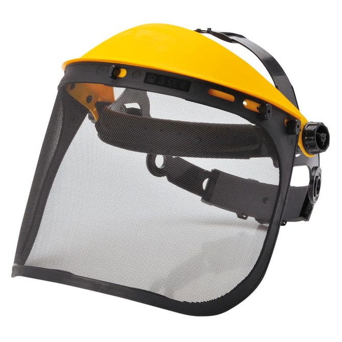 A yellow browguard with a mesh visor and adjustable straps, designed for protective headwear.