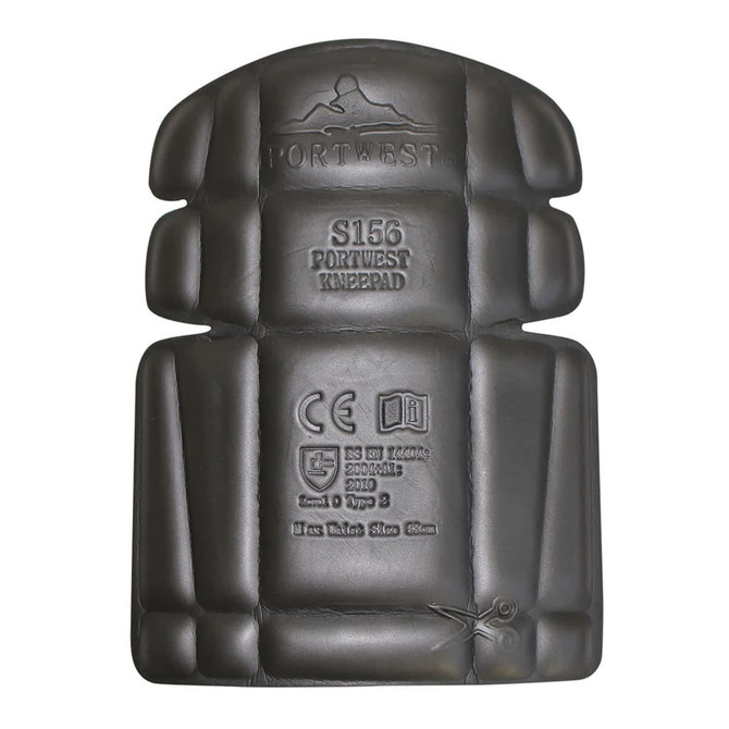 A pair of black knee pads with a contoured design and an embossed logo.