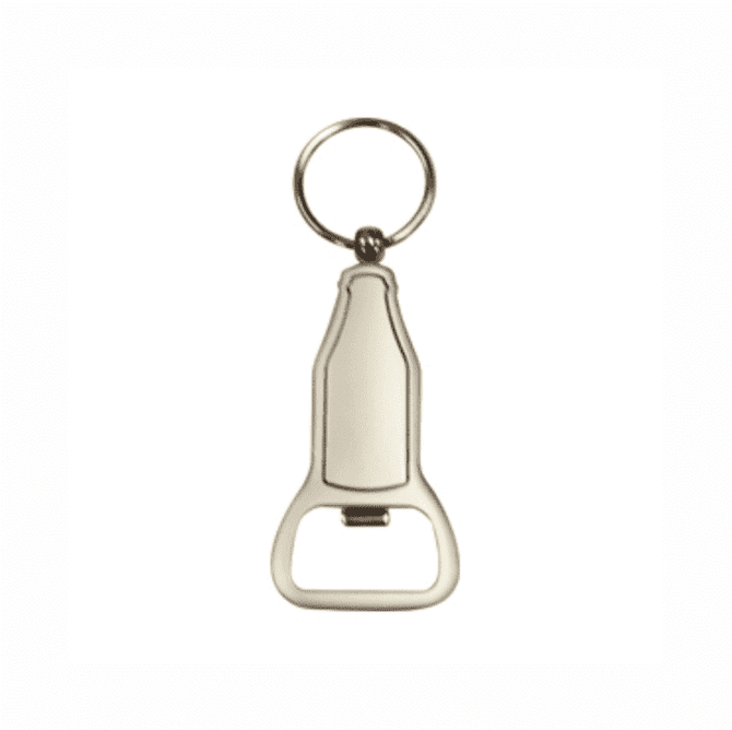 A bottle opener keyring in silver with a circular keyring attachment. Features a simple design.