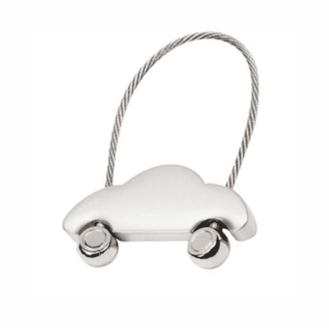 A silver car-shaped bottle opener with a wire handle, featuring round wheels at the base.