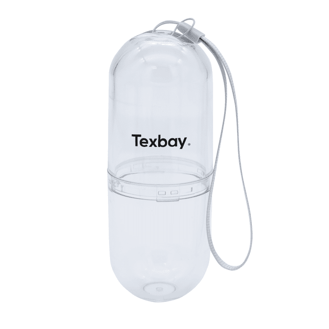 A clear, cylindrical pill tube with a white strap and a logo on the front.