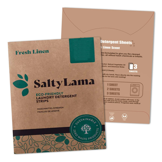 Eco-friendly laundry detergent sheets in brown packaging with green accents, featuring a logo and information on usage.