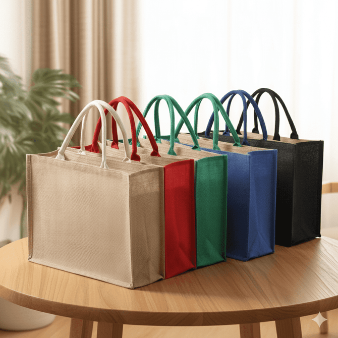 A set of five sturdy bags in beige, red, green, blue, and black, displayed on a wooden table. Each bag has handles.