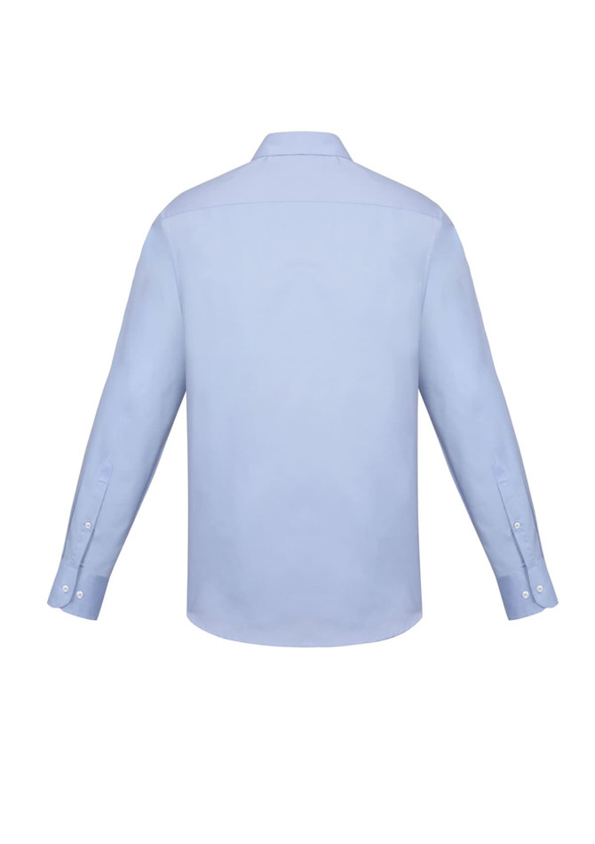 A light blue men's long sleeve shirt with a slim fit, featuring button details and a logo.
