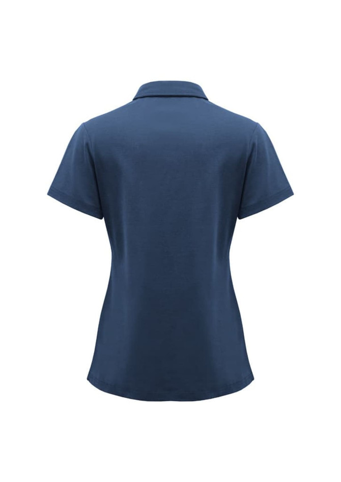 A navy blue women's short sleeve polo shirt featuring a collar and a logo.