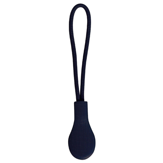 A navy blue zip puller with a textured grip and a looped cord for easy handling.