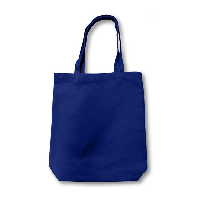 A navy blue reusable tote bag with sturdy handles and a simple design, featuring a logo.