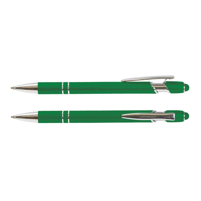 A green stylus pen with chrome accents and a cap, displayed in two positions. It features a logo.