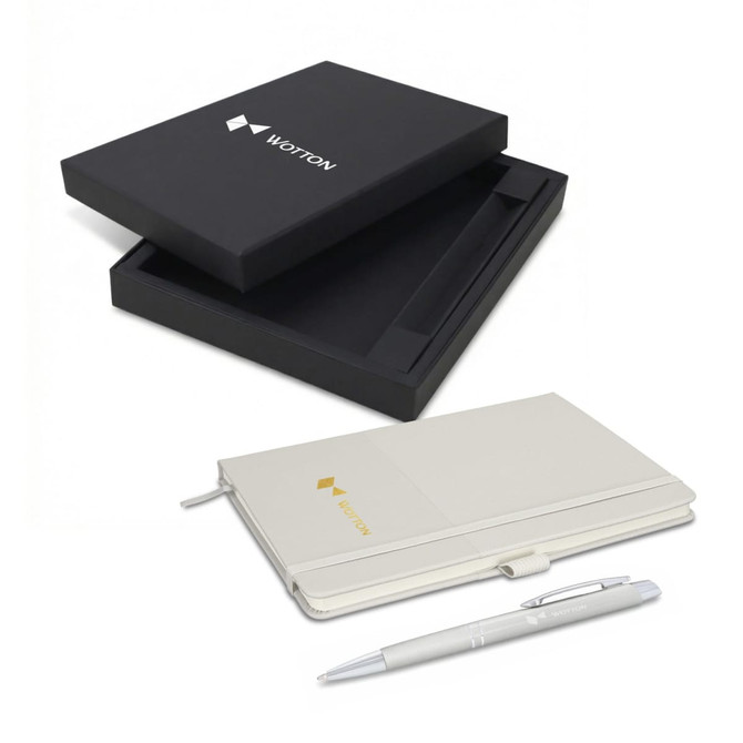 A black gift box containing a white notebook and matching pen, both featuring a logo.