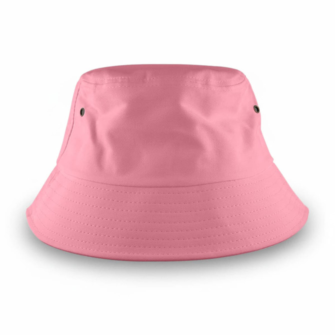 A large pink bucket hat with eyelets on either side and a wide brim, featuring a logo.