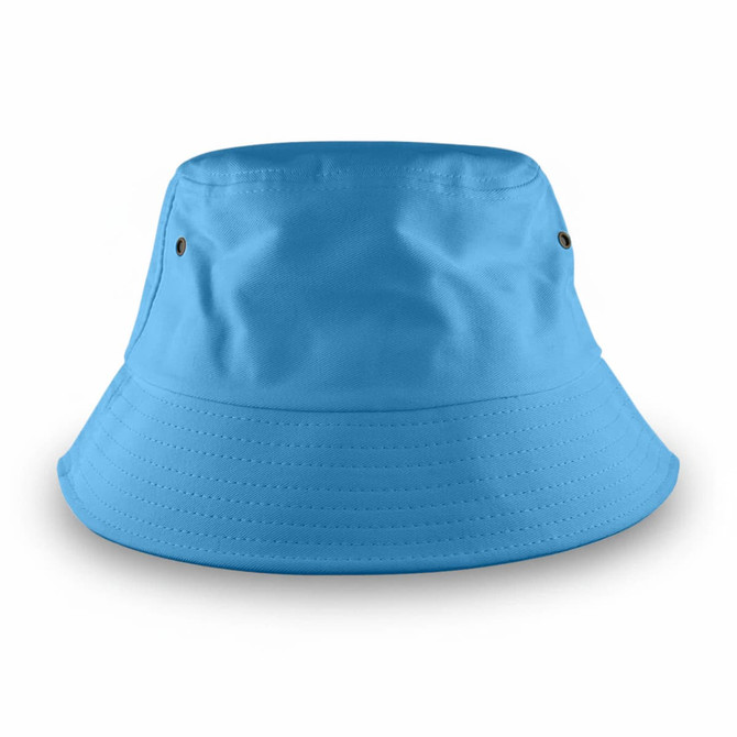 A large, bright blue bucket hat with ventilation eyelets and a wide brim. It features a logo on the side.