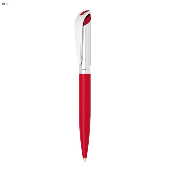 A red metal ballpoint pen with a silver clip and tip, featuring a sleek design and a logo.