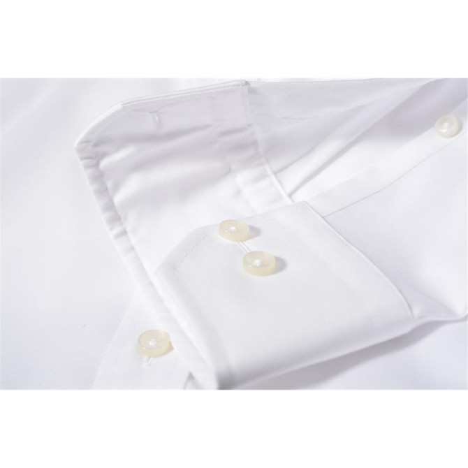 A white button-up shirt featuring a classic collar and pearl buttons on the cuffs. It has a branding logo.