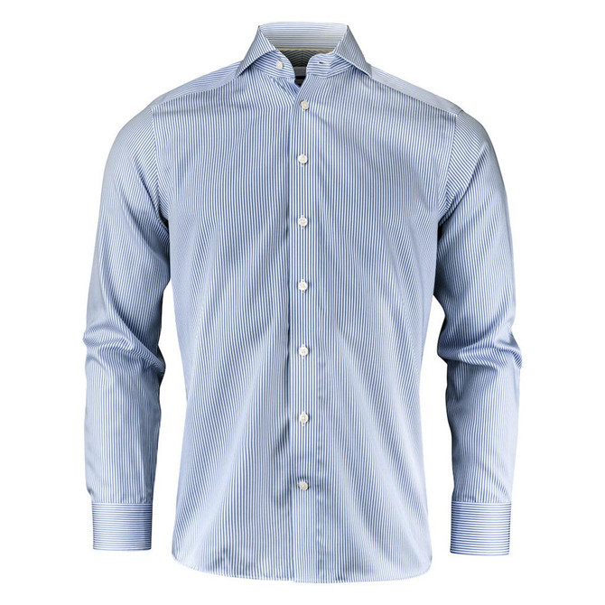 A striped blue button-up shirt with a collar and long sleeves, featuring a logo.