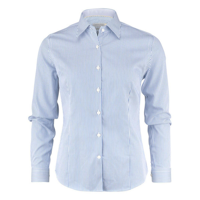 A button-up women's shirt featuring light blue and white stripes, with long sleeves and a collared neckline.
