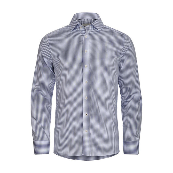 A blue and white checked button-up shirt with a collar and long sleeves. It features a branded logo.