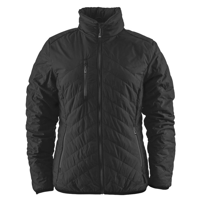 A black quilted women's jacket with a high collar and zippered pockets, featuring a logo.
