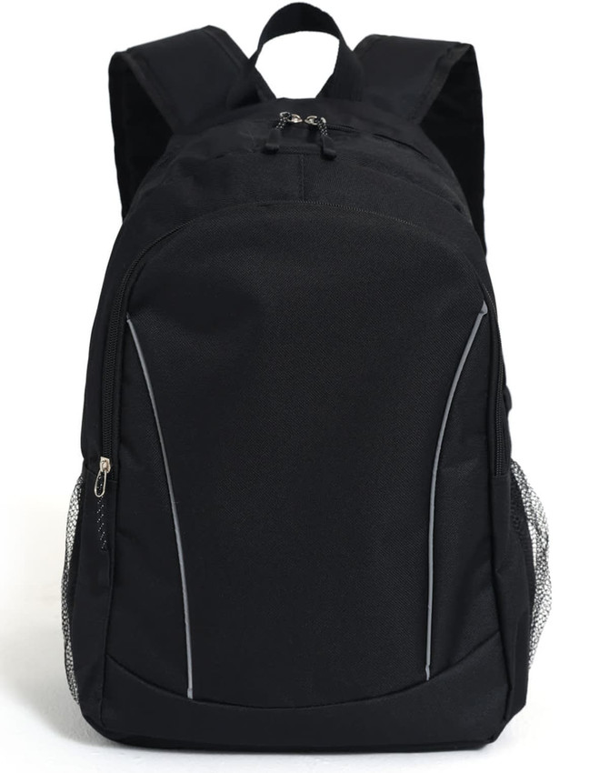 A black backpack featuring side pockets and a logo, designed for promotional use.