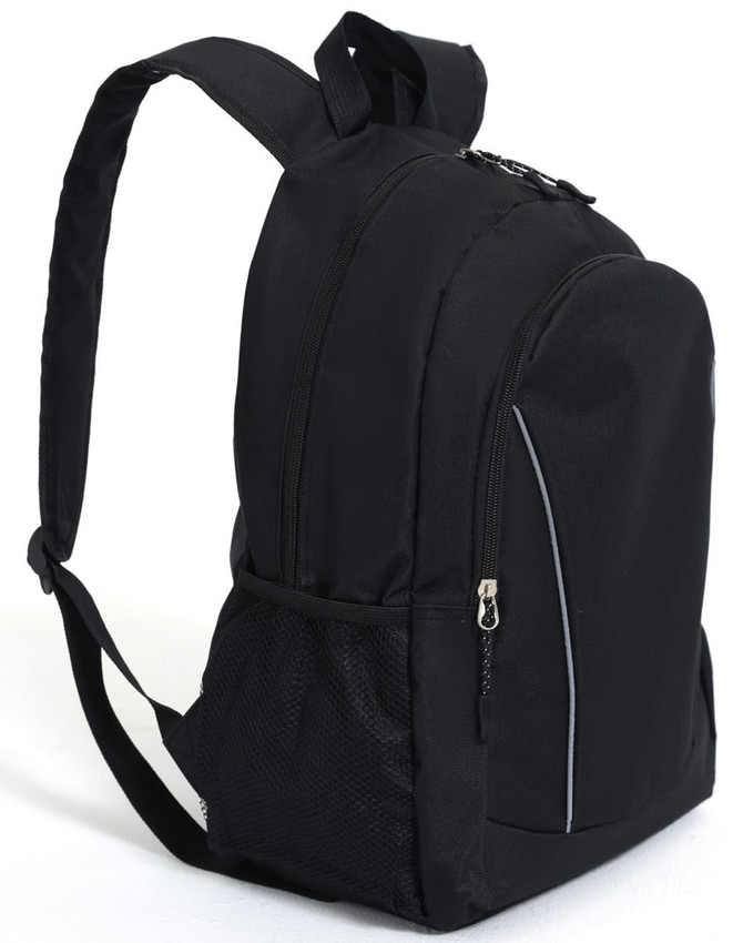 A black backpack featuring a zippered compartment and a mesh side pocket. It has adjustable shoulder straps and a logo.