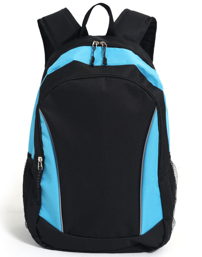 A black and blue backpack featuring a zippered front pocket and side mesh pockets, with a logo on it.